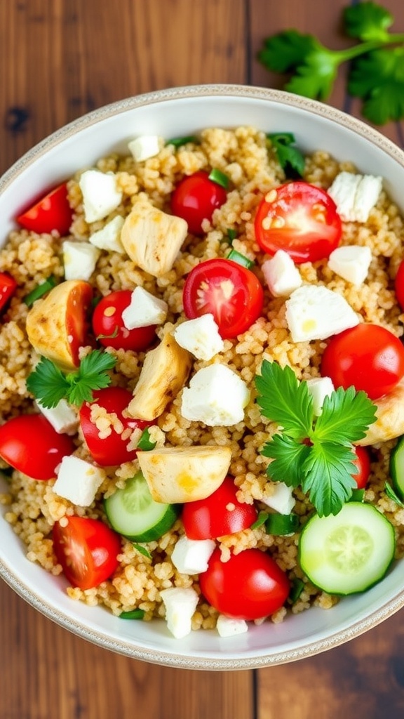 A colorful Mediterranean quinoa chicken salad with chicken, tomatoes, cucumber, and feta cheese in a bowl on a wooden table.